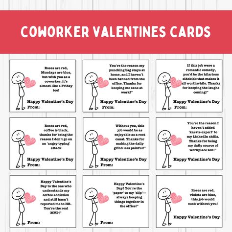 Funny Coworker Valentine's Day Cards | Office Valentine's Day Party | Work Valentines | Office Valentines | For Colleagues | For Employees by PrintGoGame on Etsy Valentines For Coworkers, Office Valentines, Coworkers Valentines, Printable Valentines Day Cards, Valentinstag Party, Valentines Games, Valentine Messages, Funniest Valentines Cards, Valentines Day Messages