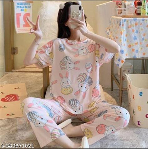 The Trendy Tone Present Women Printed Comfortable Night Suit And Night Dress In White Rabbit Korean Night Suit, Suit Korean, Suits Korean, Summer Pajama Set, Summer Pajamas, Nightwear Women, Night Suit, Casual Home, Korean Casual