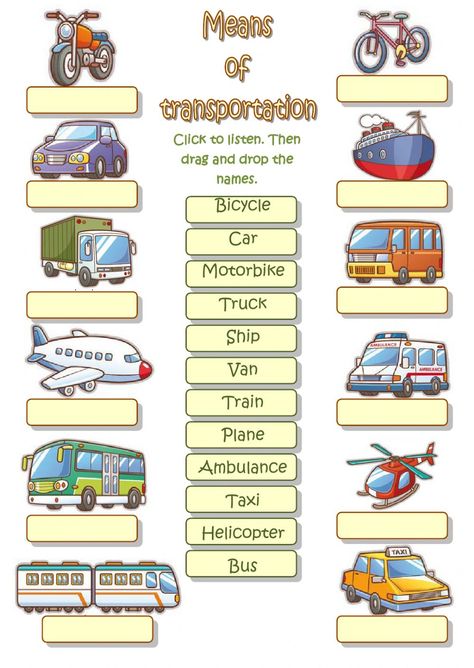 Means of transport interactive and downloadable worksheet. You can do the exercises online or download the worksheet as pdf. Transportation Worksheet, English Worksheets For Kindergarten, Transportation Preschool, English Lessons For Kids, English Activities, English As A Second Language, Second Language, Back To School Activities, School Subjects