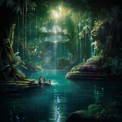 Lagoon Fantasy Art, Neverland Mermaid Lagoon, Fantasy Land Painting, Fantasy Pool Art, Mermaid Grotto Aesthetic, Mermaid Environment, Fantasy Lagoon, Mermaid Village, Magical Lagoon