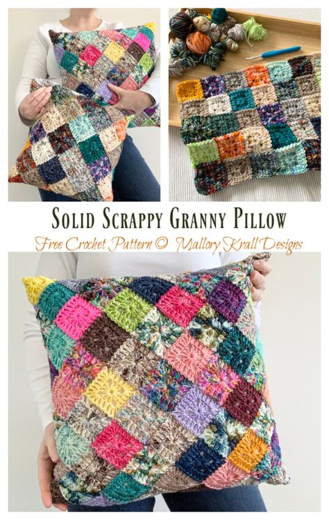 Solid Scrappy Granny Pillow Crochet Free Pattern - Crochet & Knitting Small Crochet Pillow Free Pattern, Crochet Patchwork Pillow, Cotton Yarn Projects, Crochet Pillow Cover Granny Square, Crochet Cushion Pattern, Scrap Yarn Crochet, Crochet Pillow Cover, Crochet Edging Patterns, Crochet Vest Pattern