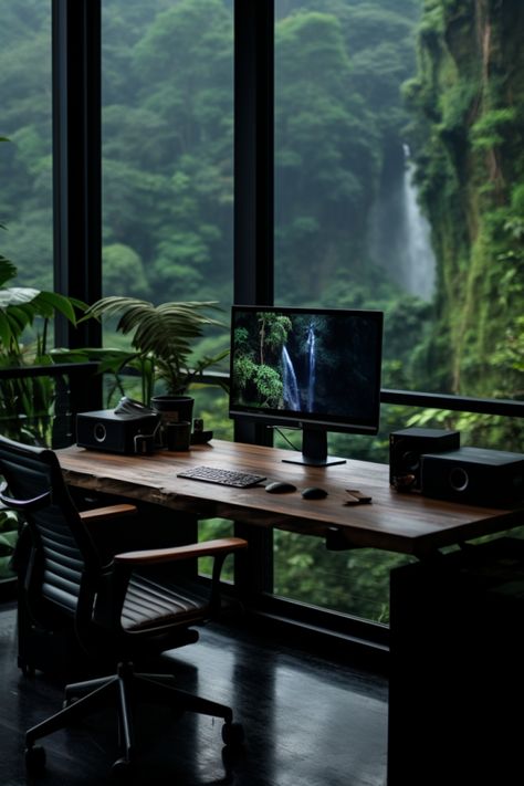 Modern nature inspired wood office interior design overlooking waterfall Forest Aesthetic Office, Men Workspace, Nature Themed Desk Setup, Office Room Minimalist, Forest Desk Setup, Dark Office With Plants, Office Inspiration Modern, Office Ideas Modern, Workspace Minimalist