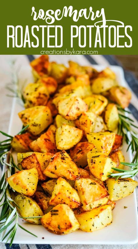 Crispy ROASTED ROSEMARY POTATOES are a simple side dish that go with just about anything! With flavorful, crunchy exteriors and tender insides, they are amazing! #rosemarypotatoes #roastedpotatoes @Creations by Kara Roasted Potatoes Stove Top, Things To Make With Rosemary, Rosemary Potatoes Roasted, Roasted Small Potatoes In Oven, Recipes With Russet Potatoes, Easy Russet Potato Recipes, Roasted Potatoes Rosemary, Russet Potato Side Dishes, Crispy Red Potatoes