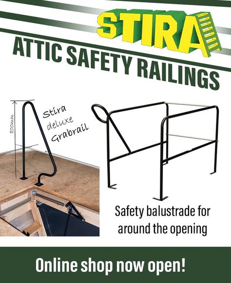 These easily installed safety systems will help you to feel safe and secure when stepping into your loft space, when stepping back down onto your loft ladder, and our attic safety balustrades will provide comfort in the knowledge that your opening is guarded. All safety systems are available on our website. Attic Railing Ideas, Attic Storage Organization, Attic Organization, Diy Stair Railing, Attic Ladder, Attic Renovation Ideas, Loft Storage, Loft Stairs, Loft Ladder