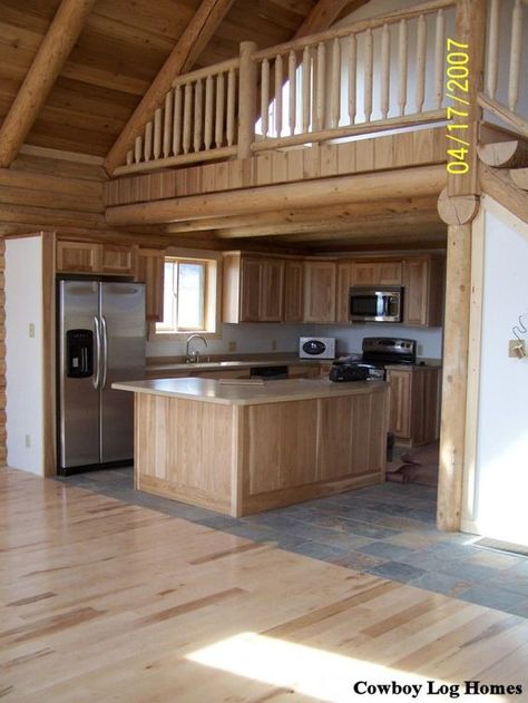 Log Cabin Loft, Small Cabin Homes, Log Home Kitchen, Cabin Plans With Loft, Log Home Kitchens, Cabin Loft, House Plan With Loft, Open Loft, Cabin Floor