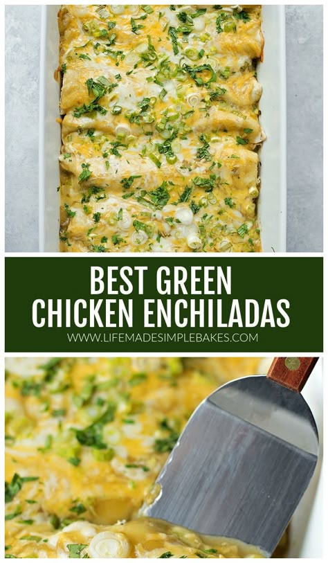 Mom's green enchiladas are always a big hit! They're loaded with seasoned shredded chicken, sour cream, LOTS of cheese, and topped with a green chile sauce. #mom'sgreenenchilada #greenenchiladas #enchiladas #homemadeenchiladas Sour Cream Green Chili Enchiladas, Green Chicken Chili Enchiladas, Enchilada Verde Recipe, Green Chili Chicken Enchiladas Casserole, Chicken Verde Enchiladas, Green Chili Enchilada Sauce, Green Enchilada Sauce Recipe, Seasoned Shredded Chicken, Verde Chicken Enchiladas