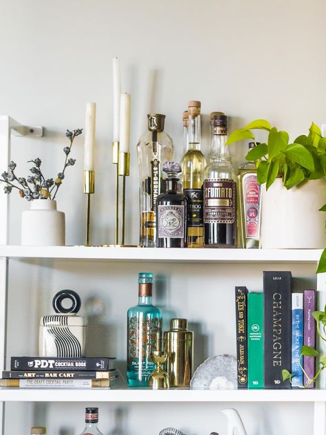 Boozy Gift Guide Cocktail Books | on Craftandcocktails.co Bar And Bookshelf, Bar Bookshelf Styling, Bar On Bookshelf, Bookshelf Styling With Alcohol, Mini Bar Shelf, Bookshelf Bar Cart, Bar Shelves Styling, Styled Bar Shelves, Book Shelf Bar Ideas