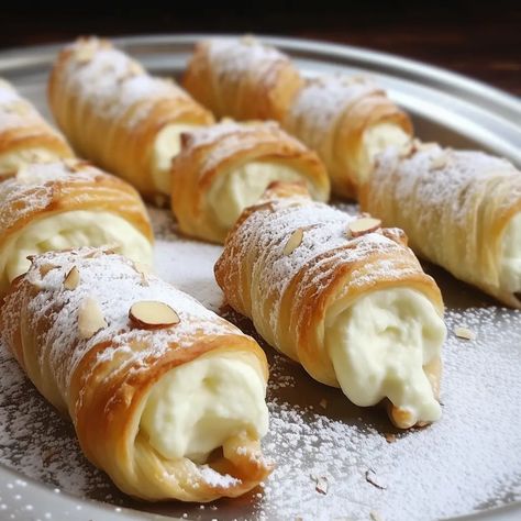 Italian Cream Stuffed Cannoncini Amish Baked Custard, Italian Cream Stuffed Cannoncini, Cream Stuffed Cannoncini, Baked Custard Recipe, Egg Custard Recipes, Chocolate Cobbler, Italian Ice Cream, Crescent Recipes, Baked Custard