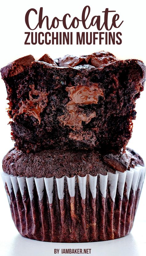 One image shows one full chocolate muffin with half a chocolate muffin stacked on top of it. they are on a white surface with a white background. Work Desserts, Recipe Using Applesauce, Muffins Zucchini, Health Dessert Recipes, Zucchini Desserts, Double Chocolate Zucchini Muffins, Zucchini Cupcakes, Zucchini Muffin, Easy Impressive Dessert