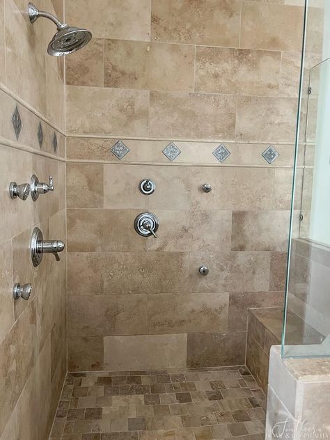 Stone Floor Bathroom, Brown Tile Bathroom, Traditional Bathroom Remodel, Stone Tile Bathroom, Tuscan Bathroom, Shower Items, Tile Counters, Timeless Bathroom, Primary Bathroom