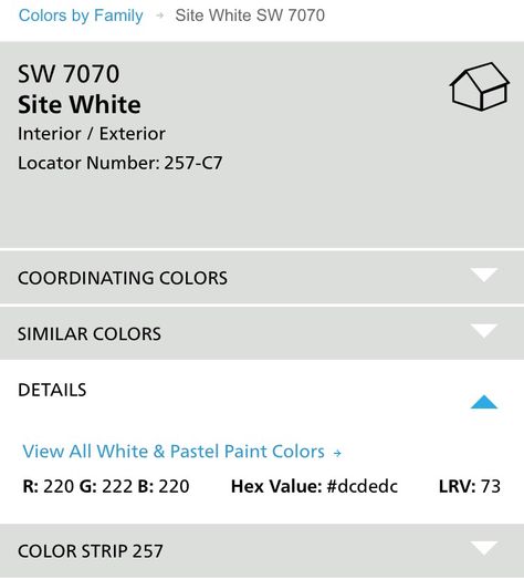 Sherwin Williams - Site White - recommended coordinating color Site White Sherwin Williams, Sherwin Williams Site White, White Sherwin Williams, Pastel Paint Colors, Sherwin Williams Paint, Neutral Paint Color, Neutral Paint Colors, Sherwin Williams Paint Colors, Grey Paint Colors