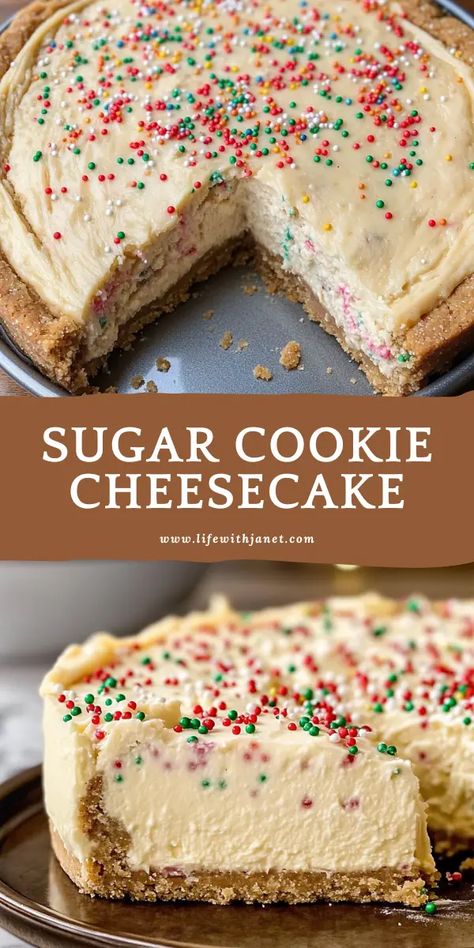 Sugar Cookie Cheesecake Cheesecake Recipes Individual, Easy Christmas Cheesecake, Cheesecake Recipe Easy, Holiday Cheesecake Recipes, Breakfast Cheesecake, Christmas Cheesecake Recipes, Sugar Cookie Cheesecake, Cookie Dough Crust, Healthy Cheesecake Recipes