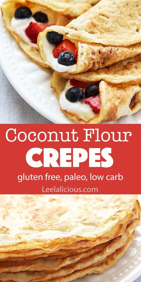 These Coconut Flour Crepes are gluten-free, low-carb and paleo. Add your favorite fillings like whipped (coconut) cream and berries for a wholesome treat! #crepes #recipe #keto #paleo #glutenfree #videos #breakfast #healthy #dessert Gf Crepes, Crepe Fillings, Gaps Breakfast, Aip Lifestyle, Kid Breakfast, Coconut Flour Crepes, Paleo Deserts, Paleo Bread Recipe, Paleo Breakfasts