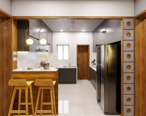 Kitchen entry Parallel Kitchen With Breakfast Counter, Breakfast Counter Design, Small Kitchen Modular Design, Hall Partition, Kitchen Door Designs, Kitchen Wardrobe Design, Interior Design Kitchen Contemporary, Kitchen Design Showrooms, Kitchen Entry