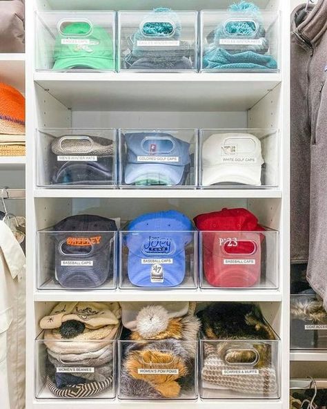 Baseball Hat Storage, Organize Baseball Hats, Baseball Caps Storage, Closet Storage Systems, Cap Organizer, Clear Bins, House Redesign, Closet Layout, Hat Organization