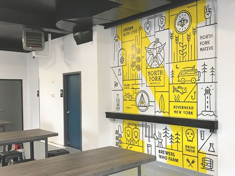 Haven't posted anything in a while. Here is a mural I designed and painted for my freinds @ North Fork Brewing Co. First mural, and there was definitely a HUGE learning curve, but I am pretty hap... Office Branding Wall, Yellow Mural, Design Office Interior, Office Wall Graphics, Office Graphics, Photowall Ideas, Office Mural, Office Wall Design, Interior Design Office