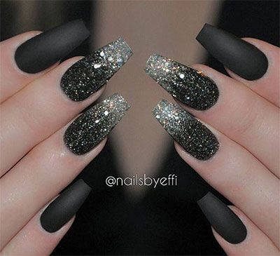 Black Nails With Glitter, Nails With Glitter, Black Coffin Nails, Black Acrylic Nails, Nagel Tips, Matte Nails Design, Black Nail Designs, Silver Nails, Prom Nails