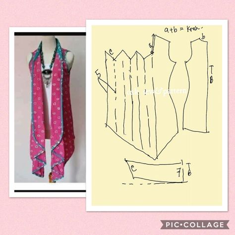 Sleeveles outer Pola Outer Batik, Pola Kardigan, Pola Kebaya, Pola Jaket, Outer Pattern, Pola Blus, Outer Batik, Backpack Pattern Sewing, Basic Dress Pattern