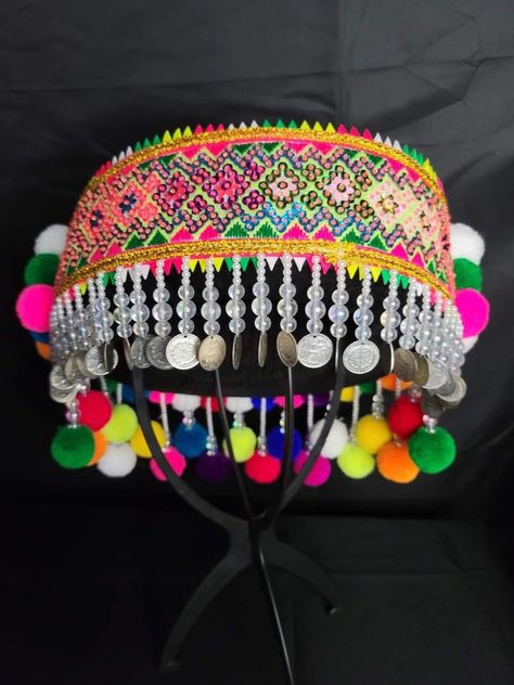 Hmong sequin embroidered hat with beading Hmong Beading, Hmong Hat, Hmong Clothes, Head Pieces, Embroidered Hat, Embroidered Hats, Headpiece, Tiara, Beading