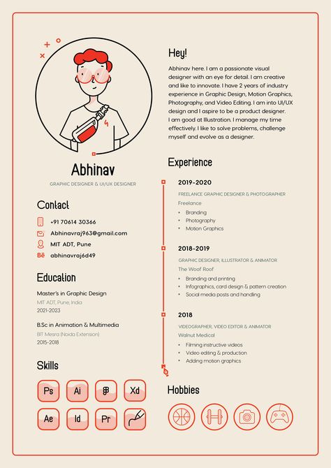 Illustrator Cv Design, Creative Resume For Graphic Designer, Creative Designer Resume, Cute Cv Design, Illustrator Resume Design, Graphic Design Resume Layout, Resume Ideas Creative, Cute Resume Design, Graphic Designer Resume Design