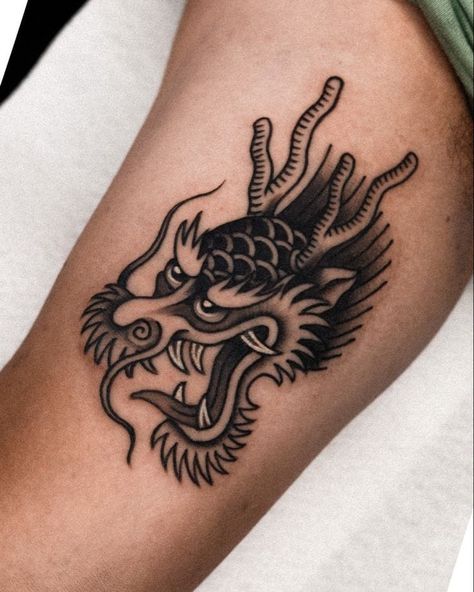 Illustrative Traditional Tattoo, American Traditional Dragon Tattoo Flash, Dragon Head Tattoo Traditional, Traditional Tattoo Shading, Traditional Dragon Tattoo Flash, Trad Dragon Tattoo, Traditional Dragon Head Tattoo, Old School Dragon Tattoo, Old School Japanese Tattoo