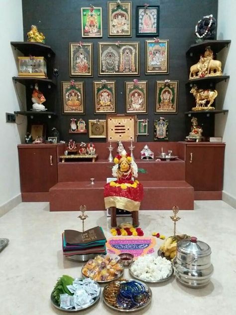 Pooja Room Storage Ideas, Thakur Ghor Design, Indian Prayer Room Ideas, Hindu Prayer Room Ideas, Prayer Room Ideas Hindu, Flower Wallpaper Living Room, Tulsi Pooja, Pooja Stand, Livingroom Wallpaper