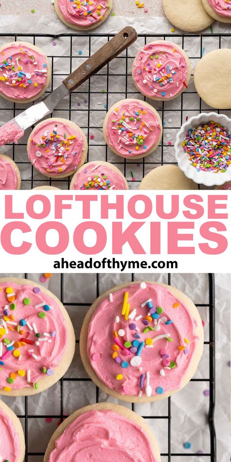 Soft Sugar Cookies With Frosting, Christmas Soft Sugar Cookies, Soft Batch Sugar Cookies, Grocery Store Sugar Cookie Recipe, Pink Frosted Sugar Cookies, Loft House Sugar Cookies Recipe, Sugar Cookie Sprinkles, Frosted Cookie Recipes, Loft House Cookies Recipe