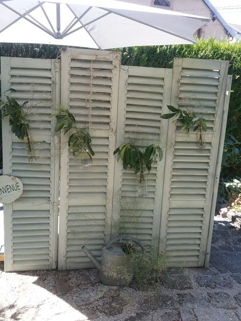 Bifold Door Ideas, Shutter Crafts, Repurpose Projects, Backyard Escape, Diy Privacy Screen, Front Yard Patio, Bath Makeover, Old Shutters, Vintage Doors