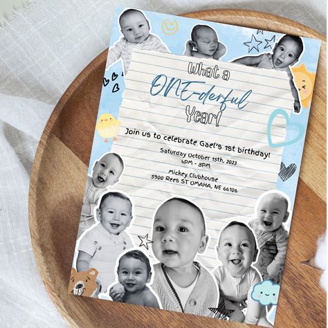 This awesome Birthday Party Invitation features a stars, hearts, smiley face and cute cutouts of your little one's photos to make it all look like a page from a scrapbook- the perfect way showcase your little one's ONE-derful year and the perfect way to accent your little one's first birthday party. Onederful First Birthday, What A Onederful Year, One Derful First Birthday Boy, A Onederful Year, Onederful Year, Mr Onederful Birthday Invitations, Dude Birthday Party, Mr Onederful Birthday, Onederful Birthday