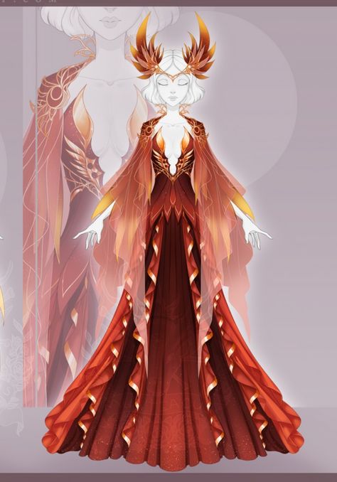 Fire Themed Dress, Phoenix Inspired Outfit, Fire Fantasy Outfit, Phoenix Inspired Dress, Red Goddess Dress, Fire Queen Dress, Pheonix Outfits, Phoenix Clothes Design, Fantasy Outfits Design Fire