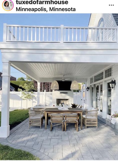 Patio Under Balcony, Covered Patio Before And After, Under Balcony Ideas, Covered Porch Addition Backyards, Covered Patio With Balcony Above, Under Patio Ideas Under Decks, White House Backyard, Back Porch Additions, Patio Under Deck Ideas