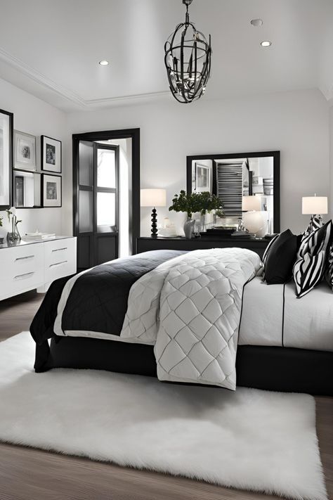 Modern Luxury Bedroom Black, White And Gold Home Decor, Black White And Gold Bedroom, Black And White Bedroom Ideas, Personal Room, Black White Bedrooms, Black And White Furniture, White Bedrooms, Layered Bedding