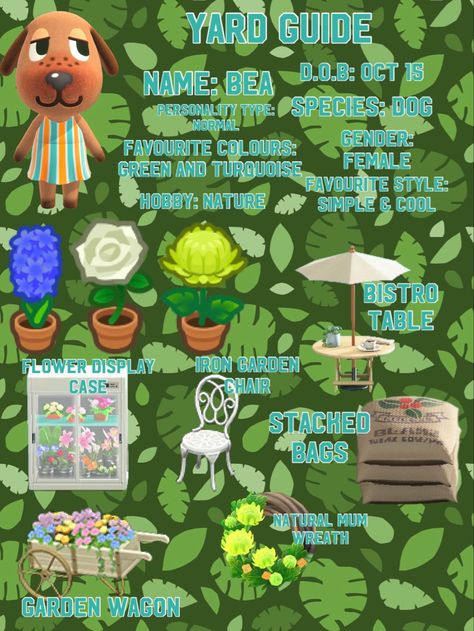 Based of her paradise 🥰 Bea Acnh Yard, Bea Yard Guide Acnh, Villager Yard Guide Acnh, Bea Animal Crossing, Acnh Villagers, Garden Wagon, Town Ideas, Switch Games, Animal Crossing Villagers