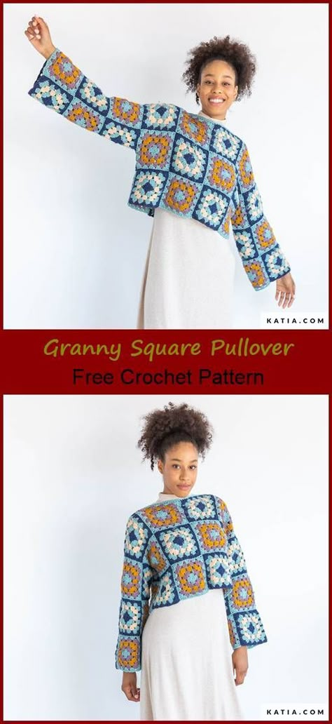 Granny Square Sweater Maggie's Crochet, How To Make A Sweater Out Of Granny Squares, Granny Square Long Sleeve Top Pattern, Granny Square Cardigan Layout Pattern, Granny Square Jumper Layout, Granny Square Crochet Shirt Pattern, Crochet Granny Square Jumper Free Pattern, Crochet Granny Square Sweater Layout, Crochet Square Jumper