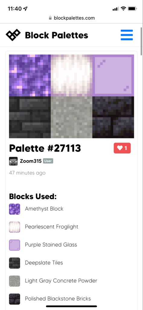 Minecraft Block Palette Stone Brick, Minecraft Color Palette Purple, Red Minecraft Palette, Purple Minecraft Palette, Dark Block Pallet Minecraft, Minecraft Blackstone Palette, Minecraft Ombre Blocks, Blue Minecraft Palette, Minecraft Dark Block Palette