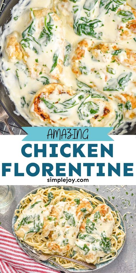 Chicken Florentine is a quick skillet meal that combines pan fried chicken with a creamy béchamel sauce and wilted spinach. This has all the hallmarks of a fancy dinner, while actually being a quick weeknight meal. Crockpot Chicken Florentine, Florentine Sauce Recipe, Chicken With Spinach Recipes, Beef Florentine, Creamy Chicken Florentine, Chicken Francaise Recipe, Chicken Florentine Soup, Chicken Florentine Pasta, Chicken Florentine Recipe