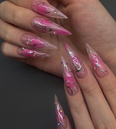 Grunge Pink Nails, Pink Nail Designs Stiletto, Pink Cyberpunk Nails, Pink Gothic Nails, Alternative Nails Designs, Pink Goth Nails, Nails Pink Chrome, Rave Nails, Pink Stiletto Nails