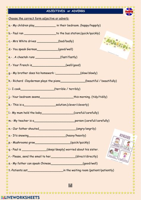 Adjectives or Adverbs: Adjectives and adverbs worksheet Gradable And Non Gradable Adjectives Worksheet, Adjective Or Adverb Worksheet, Adjectives Adverbs Worksheet, Adverbs And Adjectives Worksheets, Adverbs Worksheet Class 5, Adjective And Adverb Worksheets, Adult Worksheets, English Adverbs, Adverb Activities