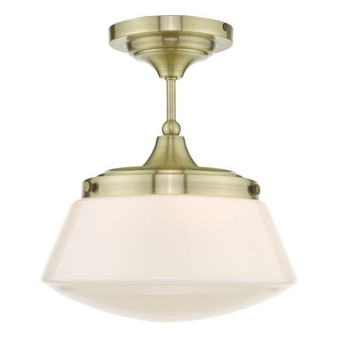 Caden Semi Flush Antique Brass Opal Glass IP44 Antique Brass Ceiling Light, Antique Brass Bathroom, Contemporary Bathroom Lighting, Brass Ceiling Light, Art Deco Bathroom, Bathroom Ceiling, Semi Flush Lighting, Dar Lighting, Bathroom Ceiling Light