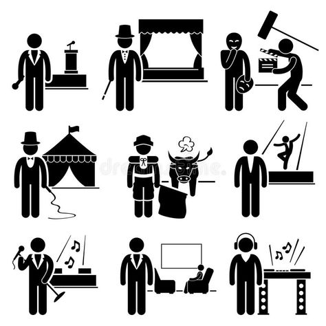 Entertainment Artist Jobs Occupations Careers. A set of pictogram showing the pr #Sponsored , #AD, #Advertisement, #Jobs, #Entertainment, #showing, #Occupations Body Gestures, Business Friends, Entertainment Center Repurpose, Matador, Stick Figures, Entertainment Industry, Professions, The Magicians, Circus