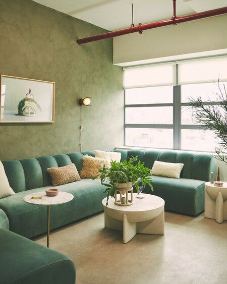 Trendy Sofas, Olive Green Walls, Teal Sofa, Stone Coffee Table, Inspire Me Home Decor, Soft Seating, Adjustable Height Desk, West Elm, Sofa Design