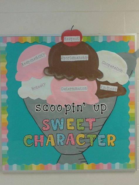 Scoopin' Up Character Bulletin Board    (Made by Ashley Keene, Jessica LIprando, and Tracy Torbert) Candy Bulletin Boards, Character Bulletin Boards, Office Bulletin Board Ideas, Candy Theme Classroom, Office Bulletin Board, Counseling Bulletin Boards, Health Bulletin Boards, Office Bulletin Boards, Church Bulletin Boards