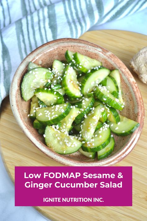 Low FODMAP Sesame & Ginger Cucumber Salad - Ignite Nutrition Low Fodmap Cucumber Salad, Low Fodmap Salads, Low Fodmap Side Dishes, Low Fodmap Salad, Fodmap Elimination Diet, Fodmap Recipes Dinner, Low Fodmap Recipes Dinner, Marinated Cucumbers, Fodmap Diet Recipes