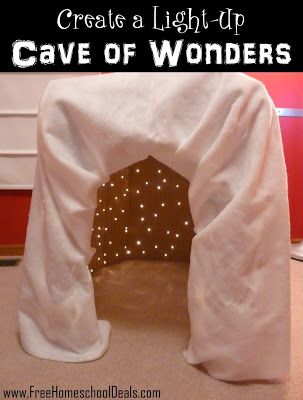 Create a Light-Up Cave of Wonders - the kids will love it!  try with shapes of constellations Diy Cave, Cave Quest, Cave Of Wonders, Light Unit, Diy Light, Sensory Room, Plastic Table, Free Homeschool, Ball Pit