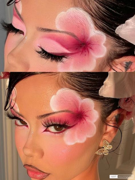 Hibiscus Flower Makeup, Art Makeup Creative, Aquarium Makeup, Hibiscus Makeup, Unique Makeup Looks Creative, Unique Makeup Ideas Creative, Tropical Makeup Look, Makeup Hobby, Creative Eye Makeup Ideas