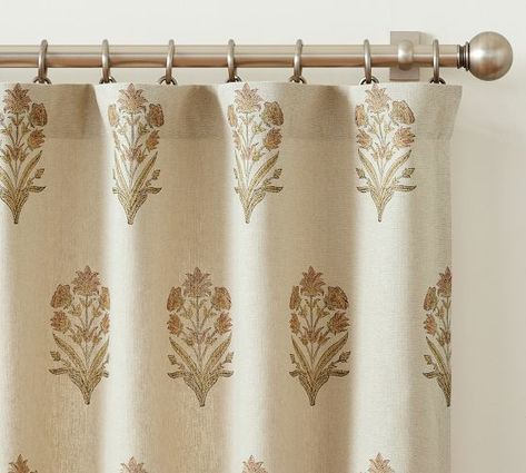 curtains patterned | Pottery Barn Neutral Patterned Curtains, Vintage Curtains Bedroom, 1910 House, Printed Cotton Curtain, Patterned Curtains, Neutral Curtains, Downstairs Bathroom, Blackout Drapes, Floral Curtains