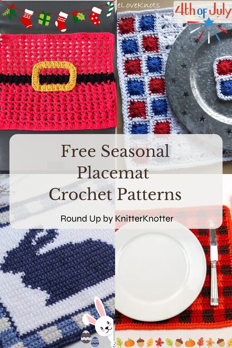 17 Free Crochet Placemat Patterns for Modern Tables - Round up by KnitterKnotter - Pin Crochet Christmas Table Mats, Christmas Crochet Placemats Free Pattern, Crochet Placemats Free Pattern Easy Place Mats, Free Crochet Placemat Patterns, Crochet Christmas Placemats, Crochet Placemats Free Pattern, Placemats Ideas, Crocheted Placemats, Christmas Plate Set