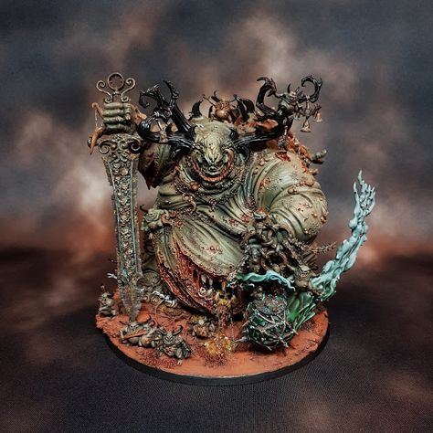 My completed Great Unclean One Greater Daemon of Nurgle for my Maggotkin army in Warhammer Age of Sigmar.  In the blog article there is a full turn-around of the miniature, as well as the inspirations and the steps that went into making this conversion. # GreatUncleanOne #Maggotkin #Nurgle #Daemon #Warhammer #AgeofSigmar #AoS #Conversion Great Unclean One, Nurgle 40k, Hobby Inspiration, Warhammer Chaos, Chaos Legion, Chaos 40k, Bee Artwork, Dnd Mini, Warhammer Miniatures