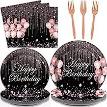 Pink And Black 50th Birthday Ideas, Rose Gold Birthday Party Table, Black And Bling Party, Black Rose Gold Party, Pink Black White Party, Pink Glitter Party, Rose Gold Birthday Party, 50th Birthday Themes, Birthday Party Table Decorations