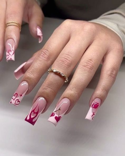 Tiktok Nail Ideas, Nail Set Designs, Bright Pink Nails With Design, Xl Nails Design, Nail Designs Art Ideas, Bright Spring Nails, Spring Nails Bright, Baddies Nails, Tiktok Nails